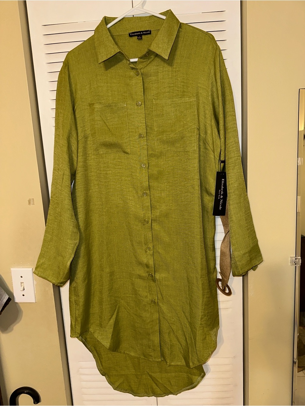 NWT Elizabeth & Nicole Olive Green High-Low Belted Shirt Dress Size L